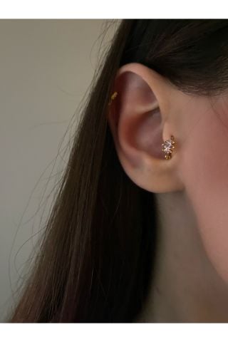 Kadın Minimal Pembe Baget Taşlı Halka Tragus Piercing
