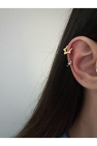Kadın Minimal Pembe Baget Taşlı Halka Tragus Piercing