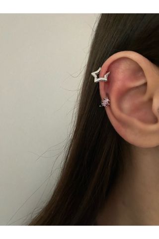 Kadın Minimal Pembe Baget Taşlı Halka Tragus Piercing