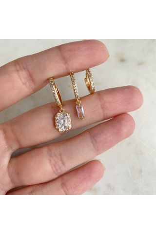 Kadın Gold Rengi Kare Taşlı 3'lü Küpe