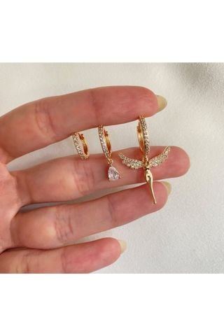 Kadın Gold Renkli Melek Detaylı 3'lü Küpe Seti
