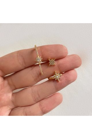 Kadın Gold Renkli Yıldızlı Cuff Detaylı 3'lü Küpe Seti