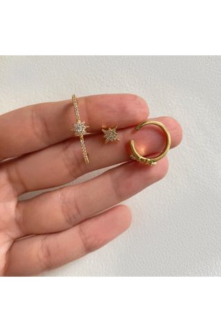 Kadın Gold Renkli Yıldızlı Cuff Detaylı 3'lü Küpe Seti