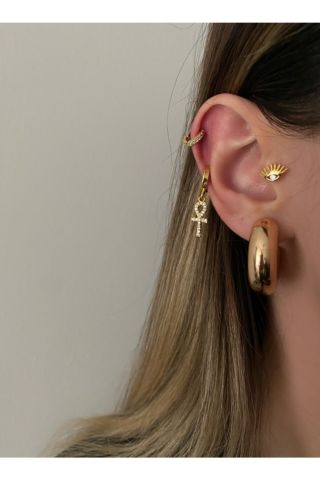Kadın Gold Renkli Mini Double Halka Küpe Çifti