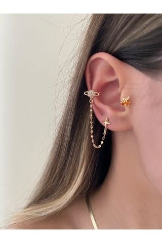 Gold Renkli Earcuff Detaylı Gezegen Küpe
