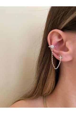 Silver Renkli Earcuff Detaylı Gezegen Küpe
