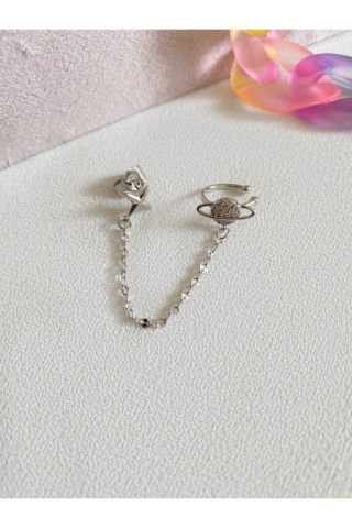Silver Renkli Earcuff Detaylı Gezegen Küpe