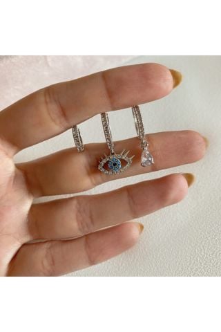Kadın Silver Renkli Göz Detaylı 3'lü Küpe Seti