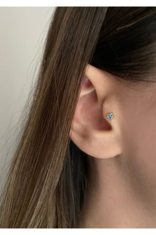 Kadın Minimal Mavi Taşlı Kalpli Tragus Kıkırdak Piercing