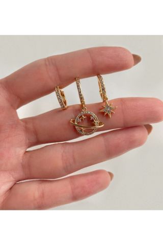 Kadın Gold Rengi Minimal Gezegen Charmlı 3’lü Küpe Seti