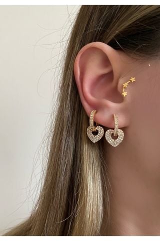 Gold Rengi Taşlı Pırpır Kalp Küpe Çifti
