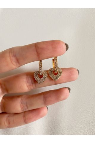 Gold Rengi Taşlı Pırpır Kalp Küpe Çifti