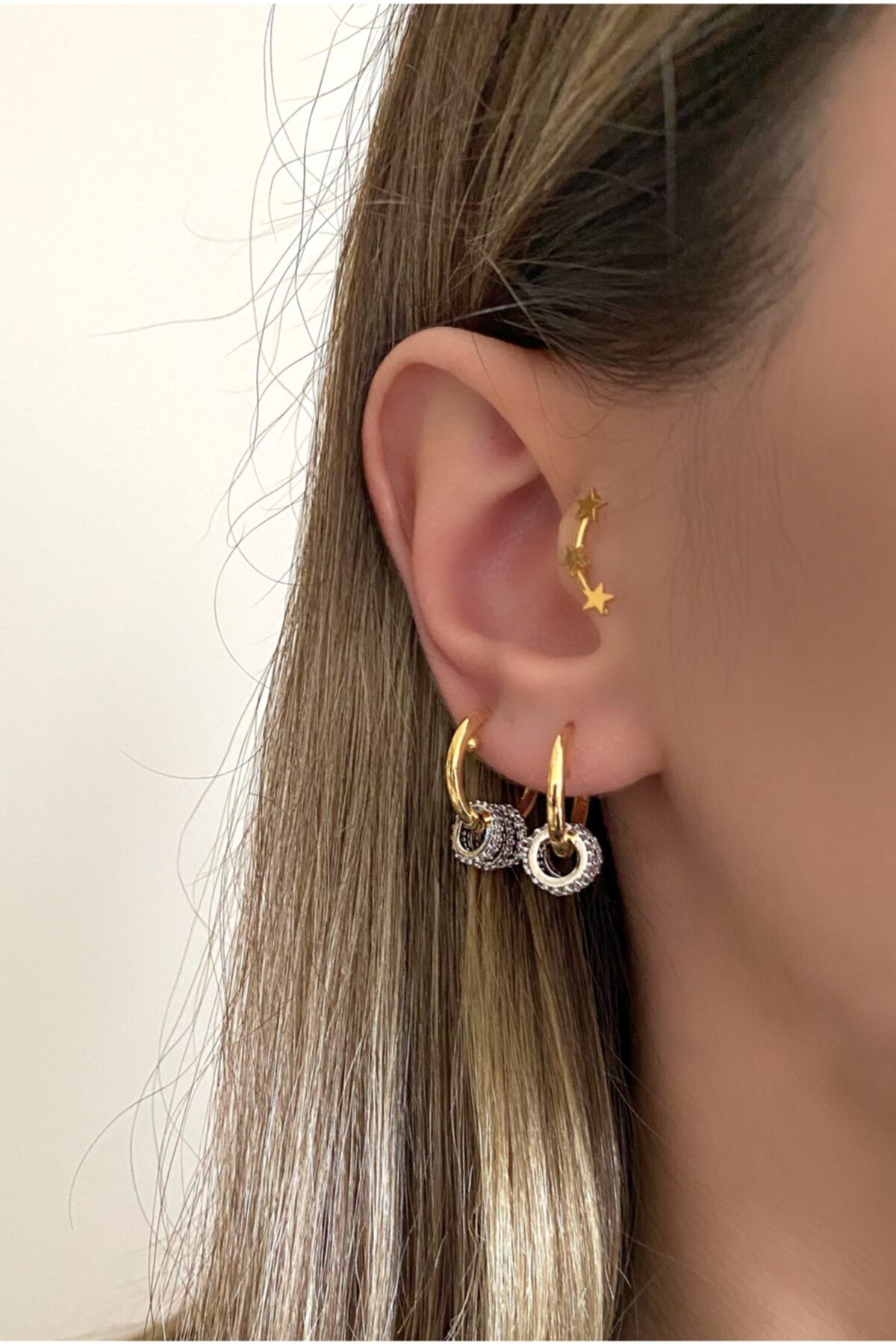 Gold Rengi Silver Halkalı Mini Hoop Halka Küpe