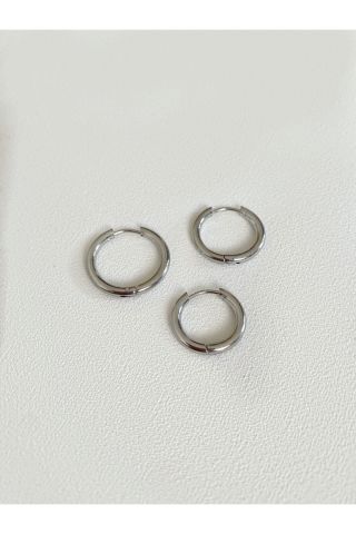Kadın Gümüş Rengi Çelik 3’Lü Halka Küpe Seti