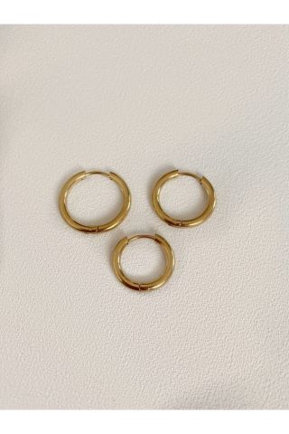 Kadın Gold Rengi Çelik 3’Lü Halka Küpe Seti
