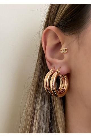 Kadın Gold Rengi Double Halka Küpe Çifti