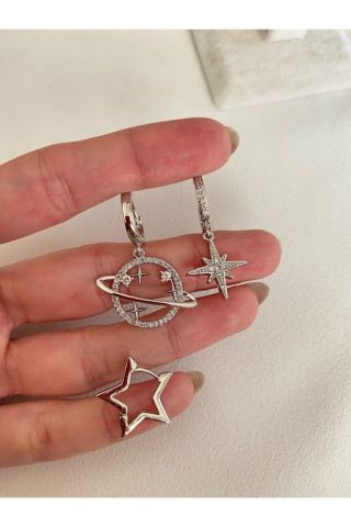 Kadın Silver Rengi Gezegen Charm Detaylı 3’lü Küpe Seti