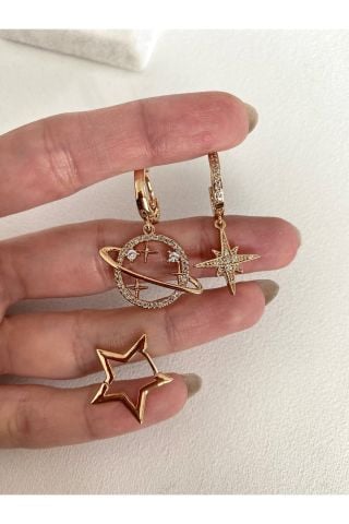 Kadın Gold Rengi Gezegen Charm Detaylı 3’lü Küpe Seti