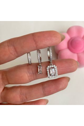 Kadın Silver Rengi Kare Taşlı 3'lü Küpe