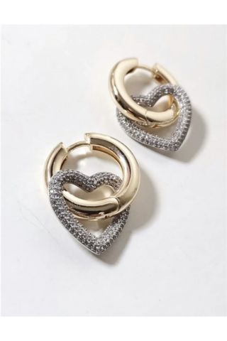 Zirkon Taşlı Silver Kalp Detaylı 2'li Küpe