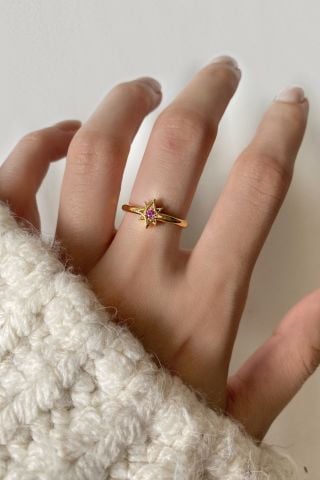 Kadın Gold Rengi Pembe Taşlı Yıldız Yüzük