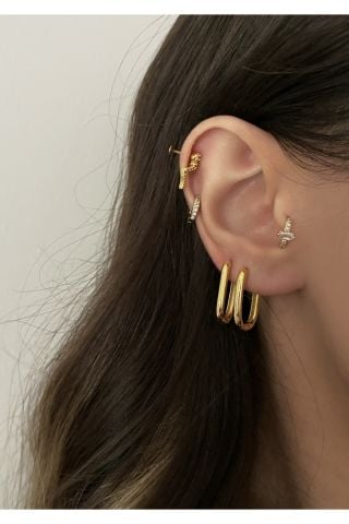 Kadın Gold Renkli Oval Dikdörtgen 2'li Küpe