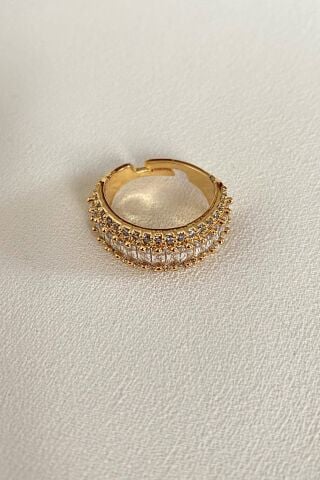 Kadın Gold Rengi Kalın Baget Taşlı Ayarlanabilir Yüzük