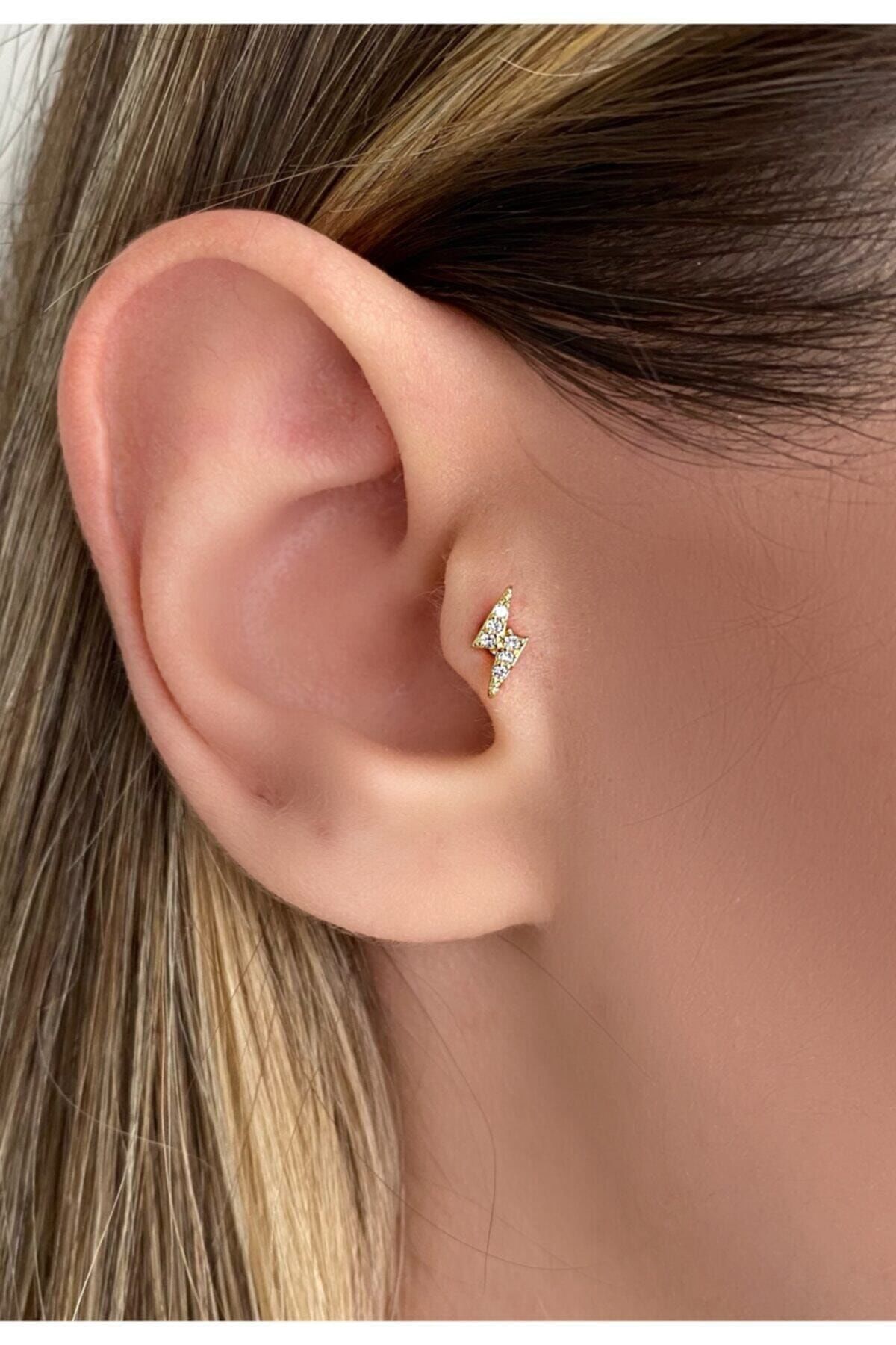 Gold Rengi Şimşek Tragus Piercing Cerrahi Çelik 6mm