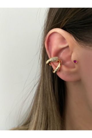 Kadın Gold Renkli Çift Boğumlu Kıkırdak Küpe Earcuff
