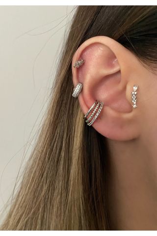 Kadın Silver Rengi Üç Sıra Zirkon Taşlı Kıkırdak Küpe Earcuff