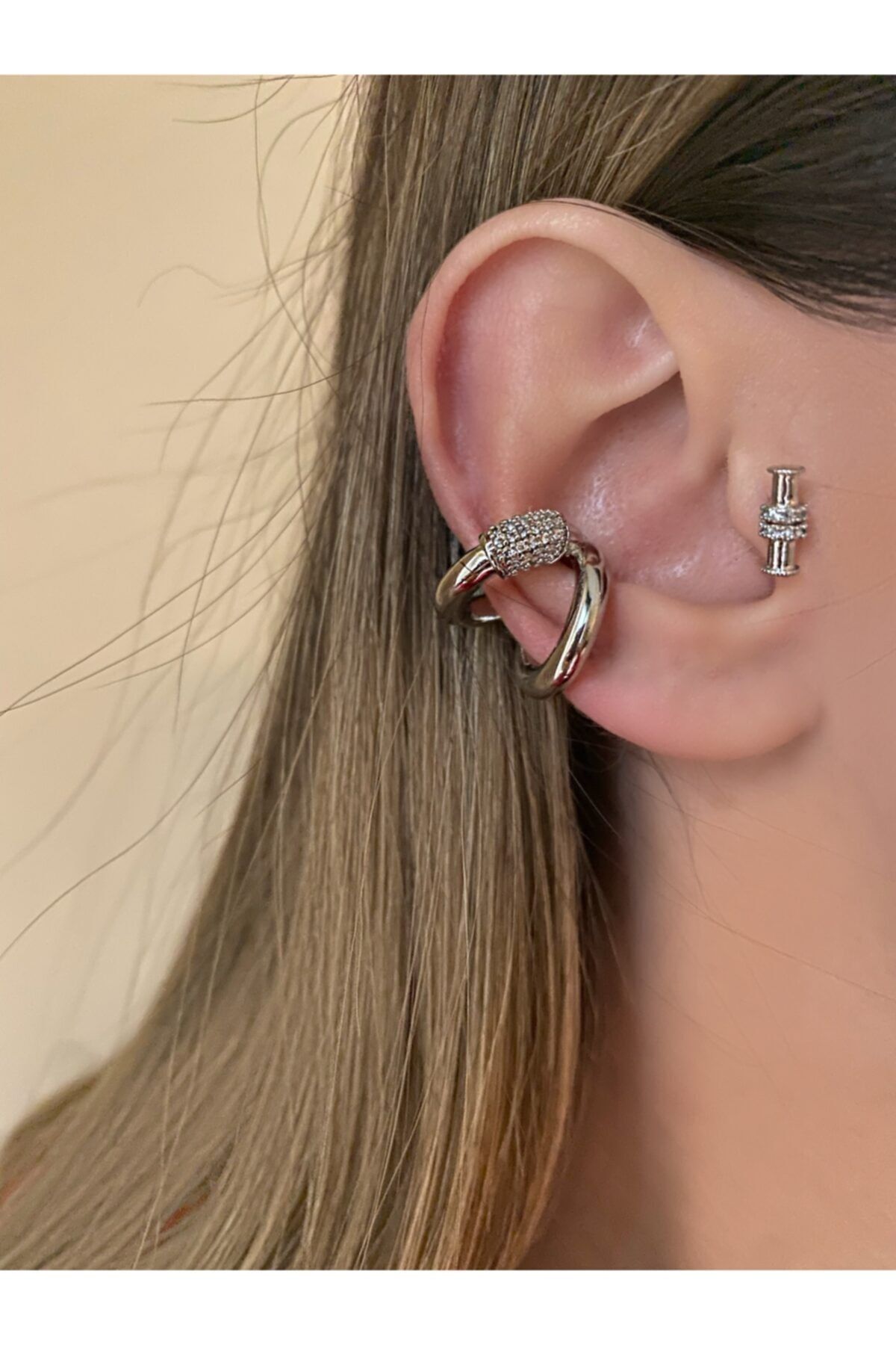 Kadın Silver Renkli Çift Boğumlu Kıkırdak Küpe Earcuff