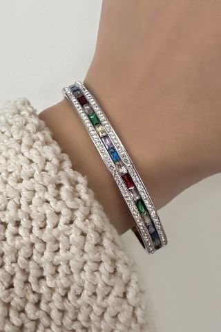 Çelik Renkli Taşlı Kelepçe Bileklik Silver
