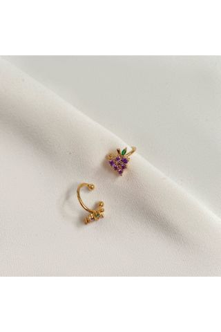 Kadın Gold Renkli Üzüm Kıkırdak Küpe Earcuff