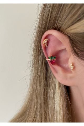 Kadın Gold Renkli Çilek Kıkırdak Küpe Earcuff
