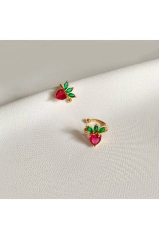 Kadın Gold Renkli Çilek Kıkırdak Küpe Earcuff