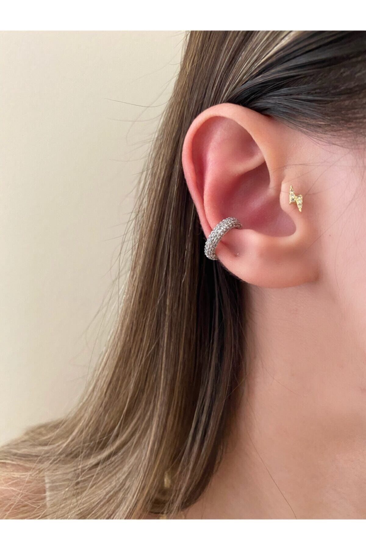 Kadın Silver Rengi Taşlı Halka Earcuff Kıkırdak Küpe