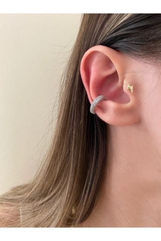 Kadın Silver Rengi Taşlı Halka Earcuff Kıkırdak Küpe