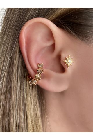 Kadın Gold Renkli Piramit Kıkırdak Küpe Earcuff
