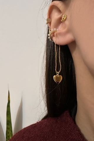İncili Sallantılı Kalp Kıkırdak Küpesi Earcuff