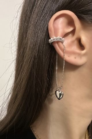 İncili Sallantılı Kalp Kıkırdak Küpesi Earcuff