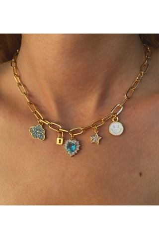 Kadın Renkli Mavi Kalp Charmlı Choker Kolye