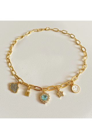 Kadın Renkli Mavi Kalp Charmlı Choker Kolye