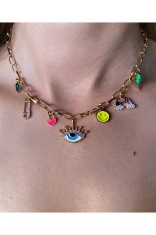 Kadın Mavi Göz Detaylı Renkli Charm Kolye