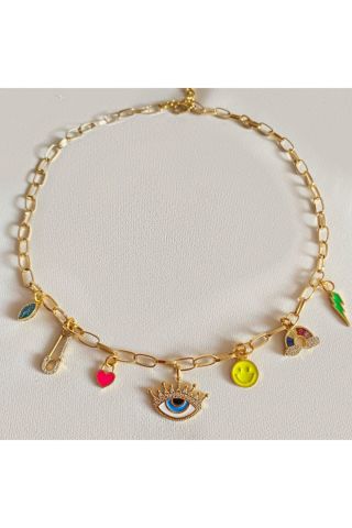Kadın Mavi Göz Detaylı Renkli Charm Kolye