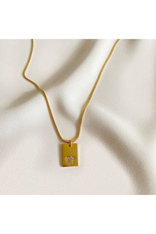 Kadın Gold Kalpli Plaka Kolye